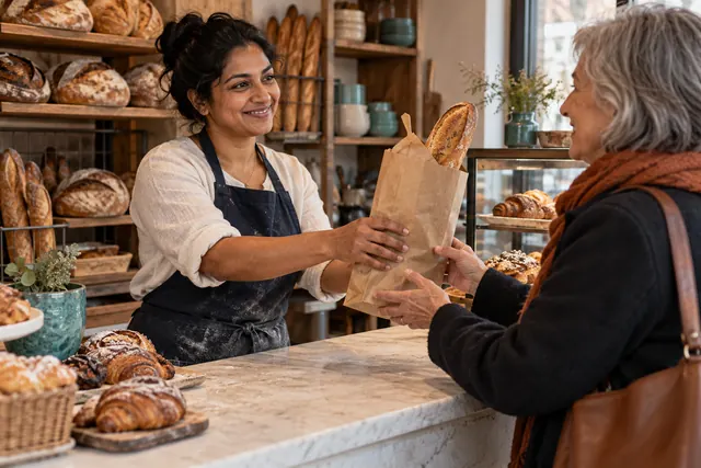 A baker handing over fresh bread.