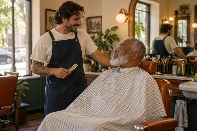A barber with a regular in the chair.