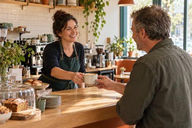 A barista serving a regular.