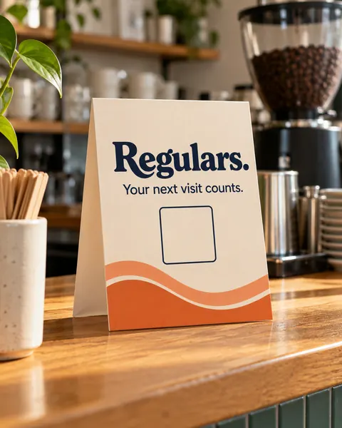 A Regulars sign with a QR code on a shop counter.
