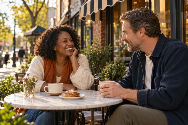 Two friends having coffee on a patio.