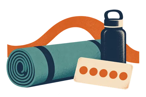 A yoga mat and a water bottle with a stamp card.