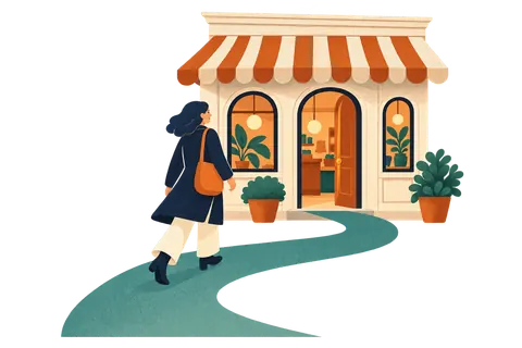 A customer walking back to a little shop.