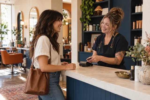 A stylist greeting a client.
