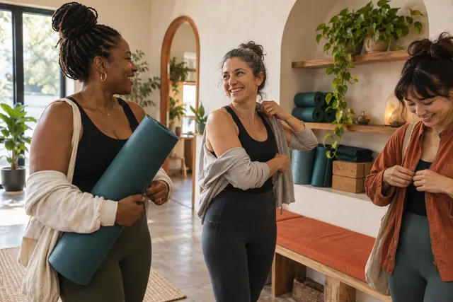 Friends chatting after a yoga class.
